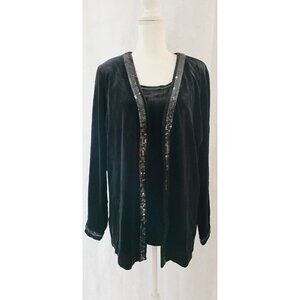 Vintage Y2K Quacker Factory 2pc Black Velvet Tank Top & Jacket Sequins Women's L